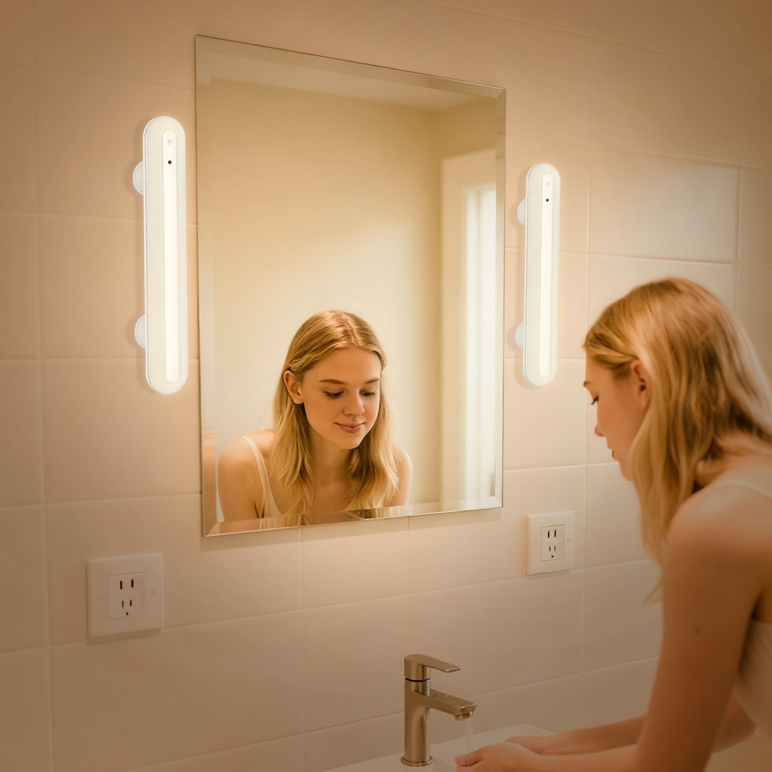 LED Schminktisch Dimmbar, 4000mAh Wiederaufladbar LED Spiegelleuchte Bad mit Fernbedienung, Kabellos Mirror Licht, Abnehmbare Magnet 360°Drehung Spiegellampe, Make-up Lampe, Weiss-2 Stück