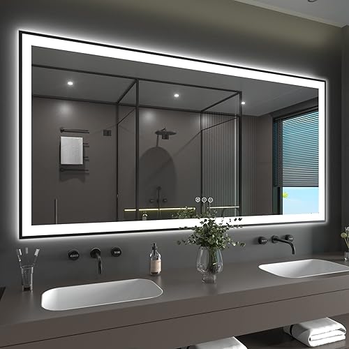 Espejos LED de marco negro de 72 x 36 pulgadas para pared de baño, espejos de tocador grandes iluminados, regulables, antivaho, memoria,