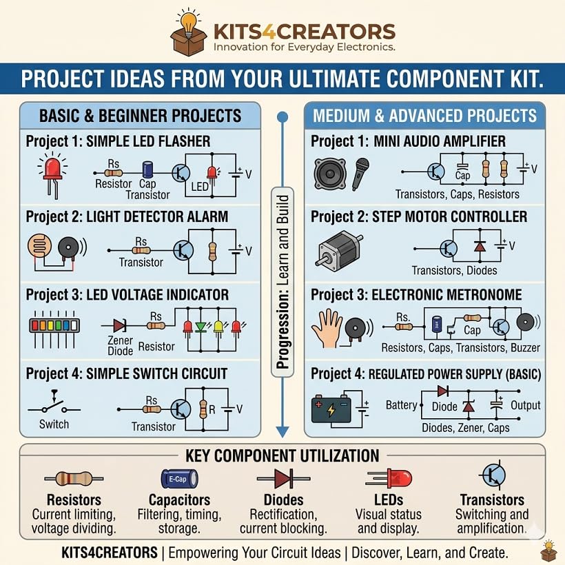 Image of Electronics Component Kit, 250+ Components, Resistors, LEDs, Capacitors, Diodes, Transistors