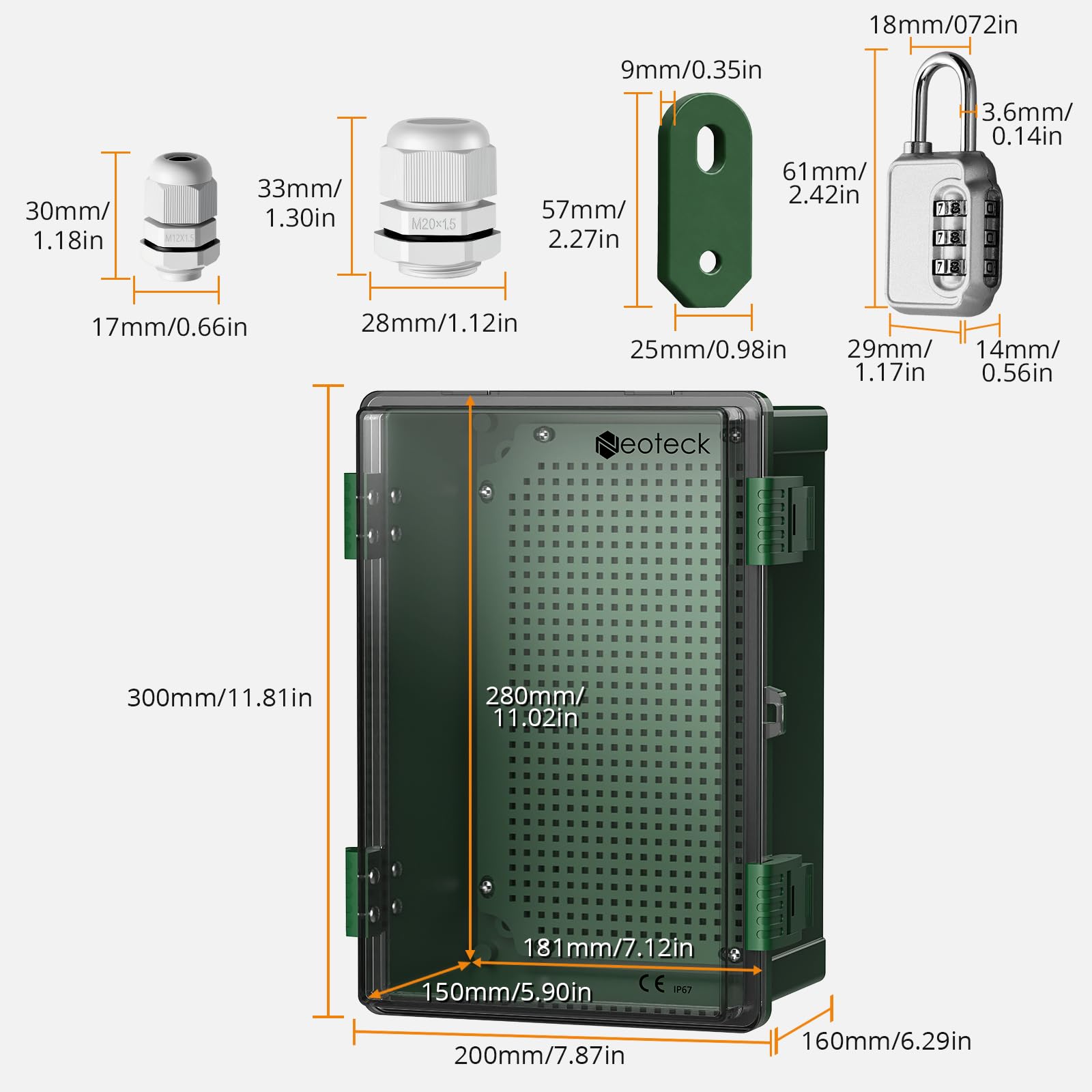 Neoteck Caja de Distribución Eléctrica IP67-Verde, Puerta Transparente