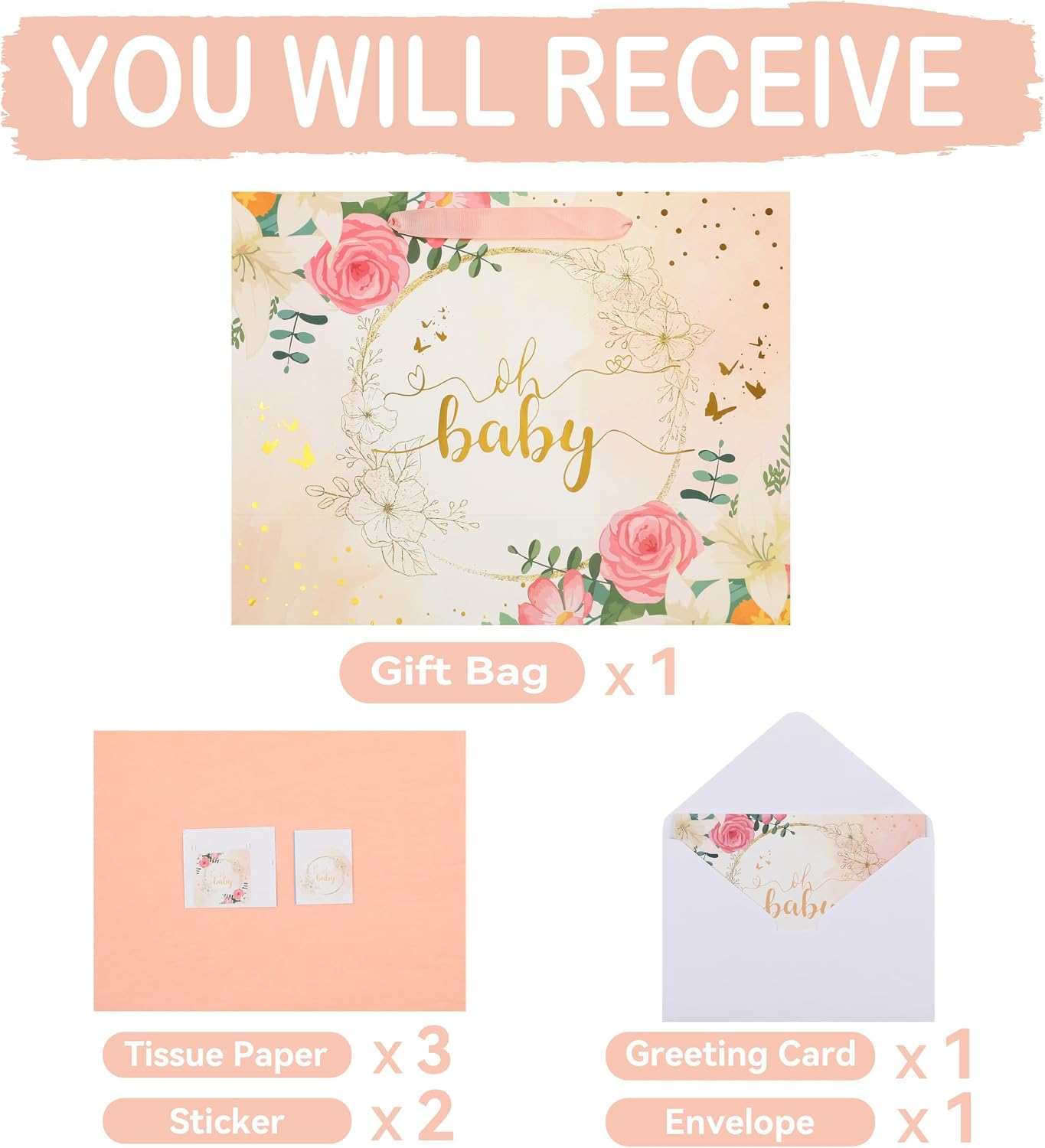 wishinside 13" Large Light Orange Gift Bag Set with Greeting Card and Tissue Paper (Gold Foil ‘Oh Baby’) for Baby Shower, Baby Girl or Boy, Girls' Birthday Party, Women's Valentine's Day image 3
