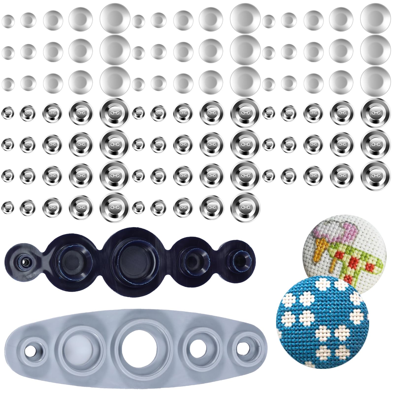 100 Pcs Cover Button Kit, Aluminum Alloy Craft Kit 5 Different Sizes With 5 in 1 Tool for DIY Covered Buttons, Clothes, Hats, Sweaters, Backpacks and Crafts