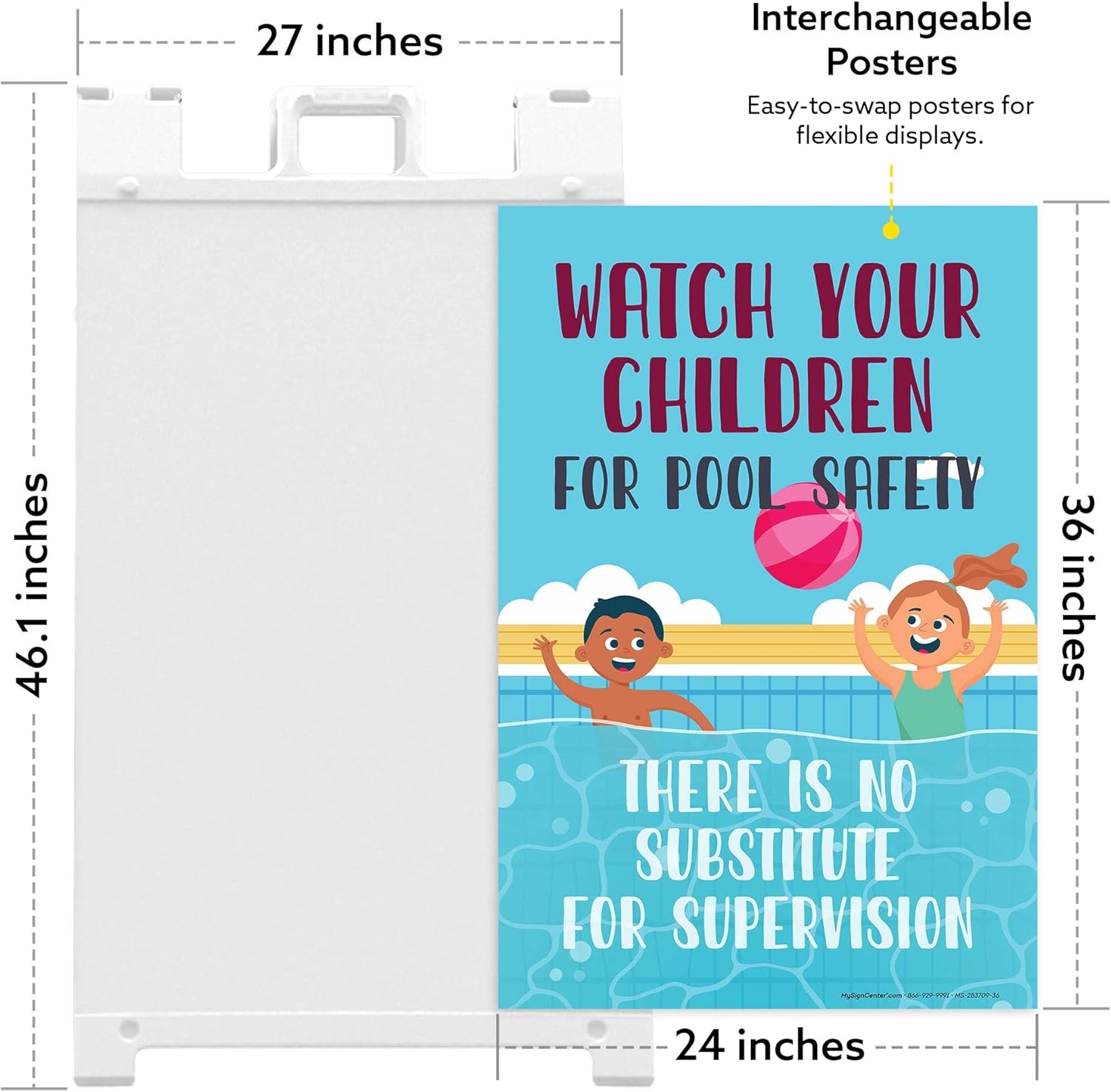 Watch Your Children For Pool Safety There Is No Substitute Graphic Folding Floor Sign, 24x36 Inches, Portable A Frame, Made in USA by My Sign Center