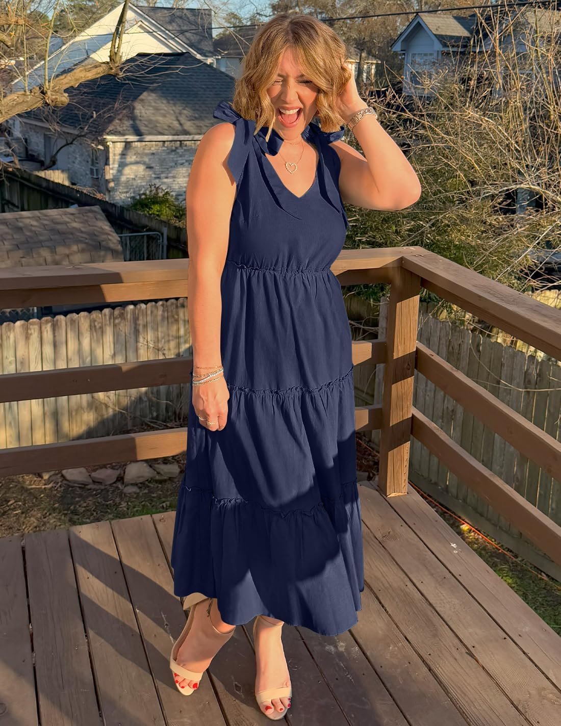 ZESICA Women's 2026 Summer Boho Sleeveless Midi Dresses Casual V Neck Spaghetti Strap Flowy A Line Tiered Beach Long Sundress - Image 5