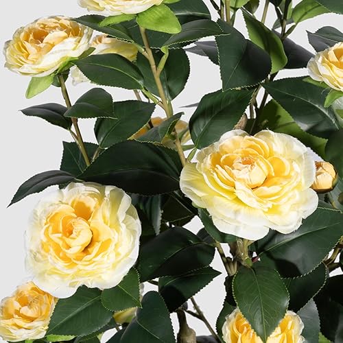 Miniatura 2 de Romantic Season Paquete de 2 árboles artificiales de camelia de 3 pies, color amarillo, planta falsa de camelia en maceta, árbol de camelia de