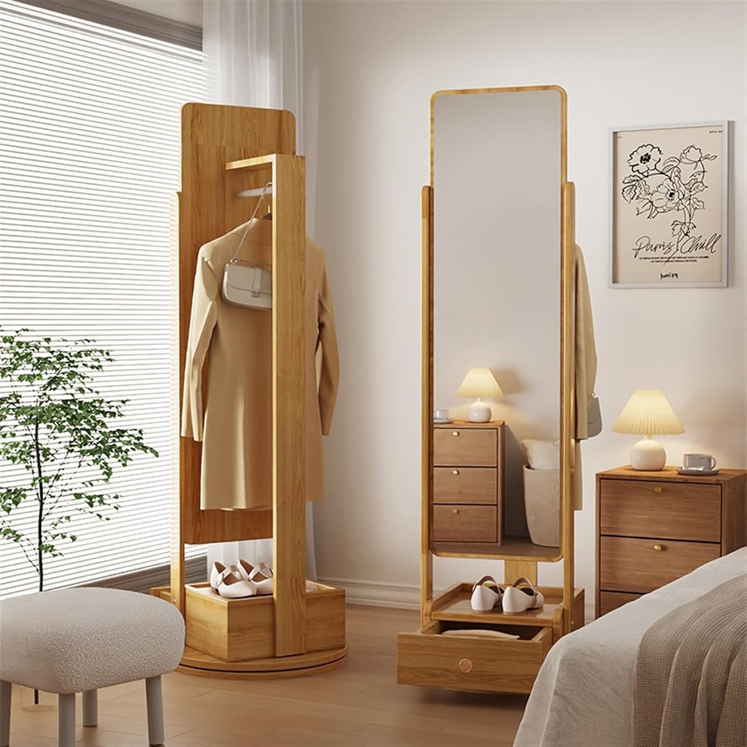 Full Body Mirror, Full-Length Mirror, Floor-to-Ceiling Mirror, Home Bedroom, rotatable Storage, Fitting Mirror with Hanger, Integrated Dressing Mirror,Bedroom Furniture