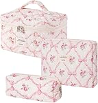 LAKSMI 3PCS Cotton Quilted Floral Makeup Bag Set for Women, Cute Make Up Bags with Brush Pockets, Large Wide-Open Toiletry Pouch Gifts for Toiletries Accessories Travelling Essentials