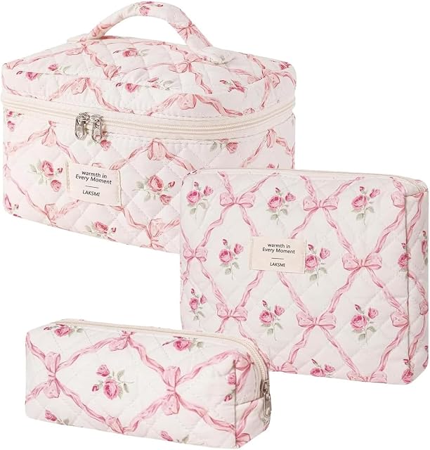 LAKSMI 3PCS Cotton matelassé sac de maquillage floral pour les femmes, mignons sacs de maquillage avec des poches de brosse, grand large ouvert trousse de toilette Cadeaux pour les articles de toilette Accessoires de voyage essentiels