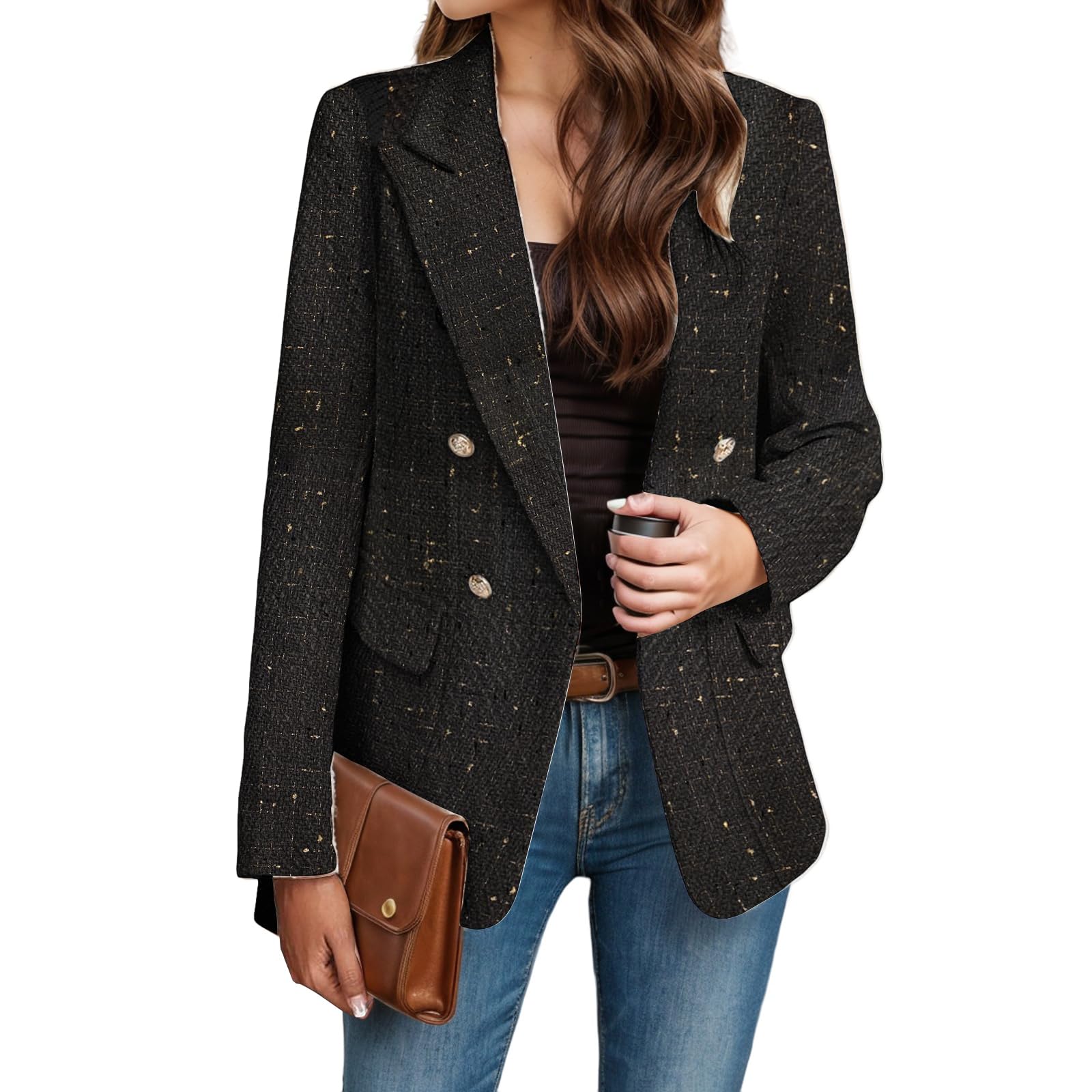 Womens Tweed Blazers Business Casual Long Sleeve Double Breasted Blazer Jackets Open Front Work Suits Elegant Coat