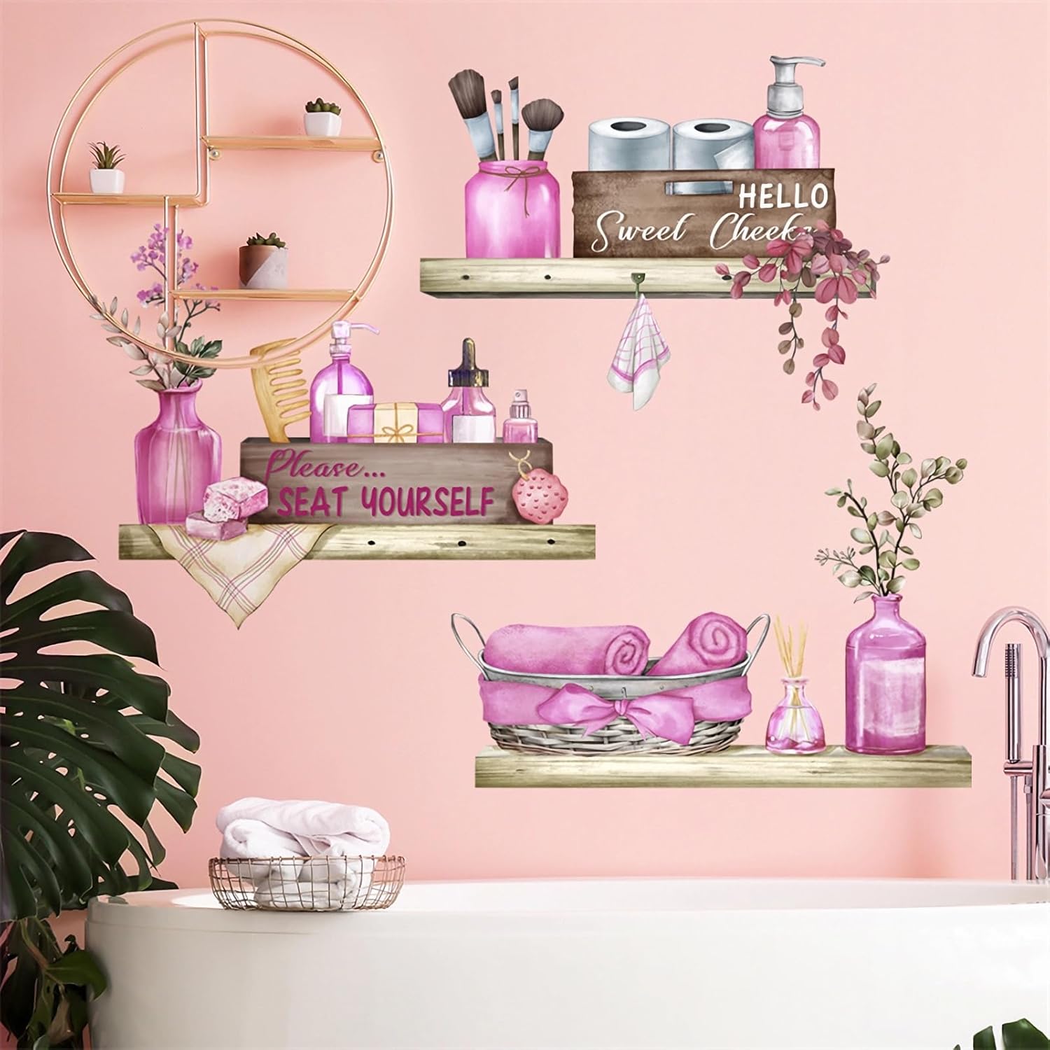 Pink Towel Shelf Wall Stickers, sacinora Cosmetic Brush Organizer DIY Wall Decals