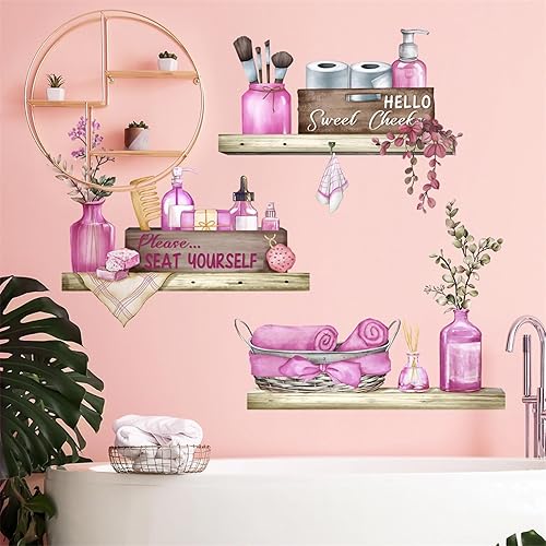 Calcomanías de pared para estantes de toallas rosadas, organizador de cepillos cosméticos para bricolaje, calcomanías de pared extraíbles de vinilo