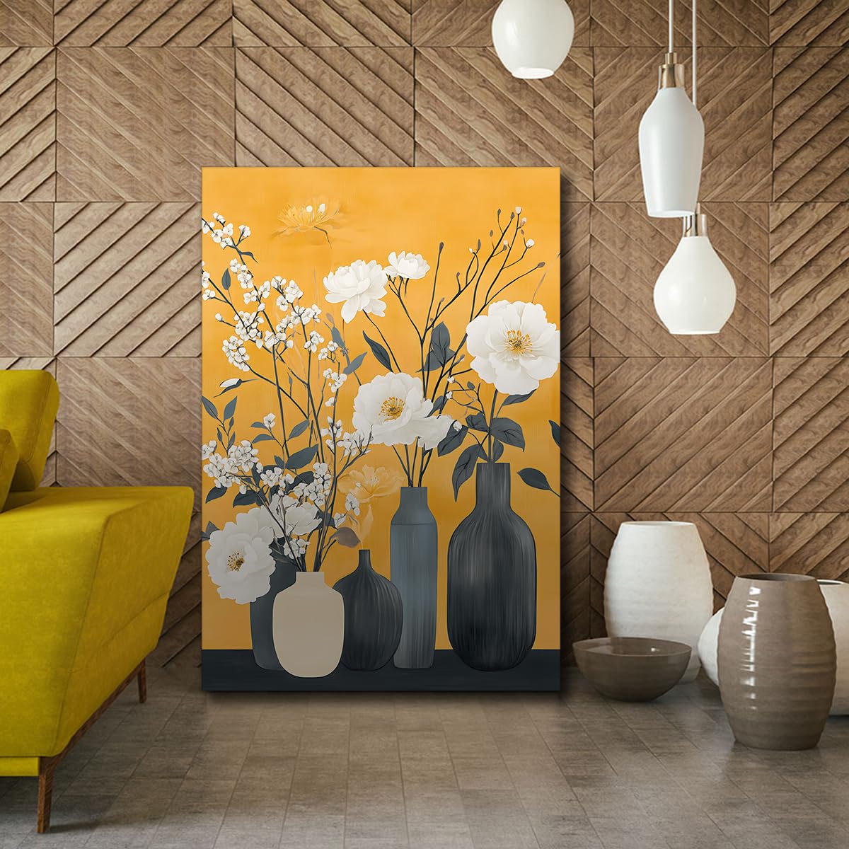 SHENGPOSTER Mid-Century nowoczesny wazony sztuka na płótnie styl boho białe kwiaty i ceramiczne butelki obraz na płótnie vintage martwa natura wzór kwiatowy rama wewnętrzna 70 x 105 cm