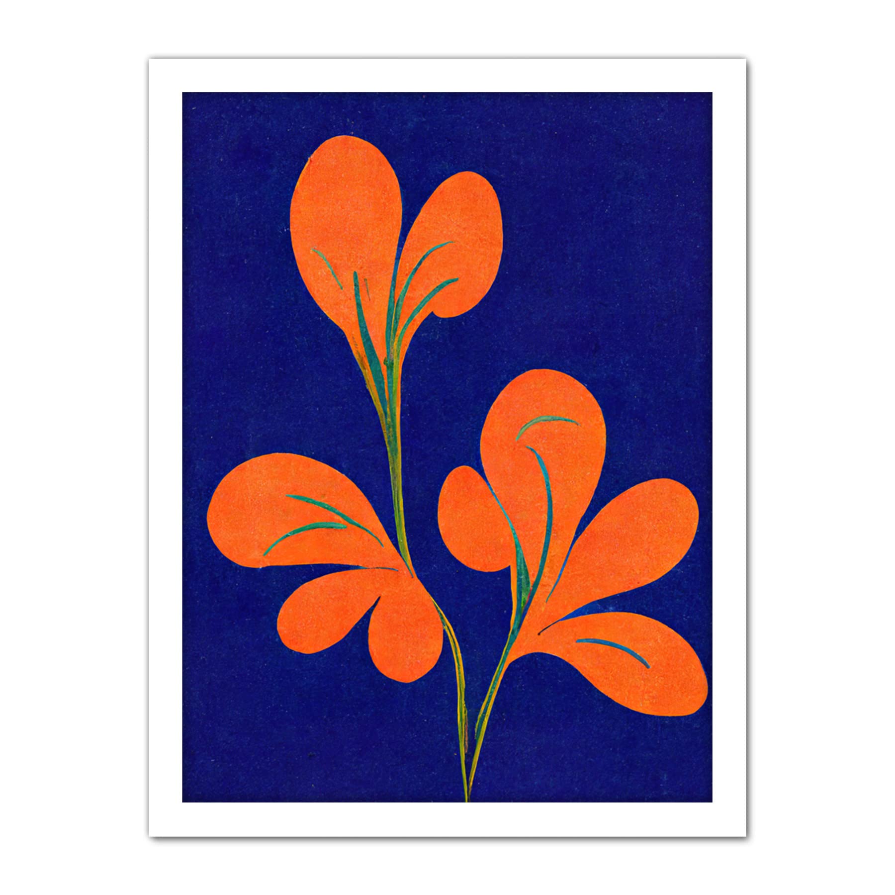 Doppelganger33 LTD Henri Matisse Inspired Bright Abstract Orange Flower Blooms On Royal Blue Artwork Framed Wall Art Print 18X24 Inch