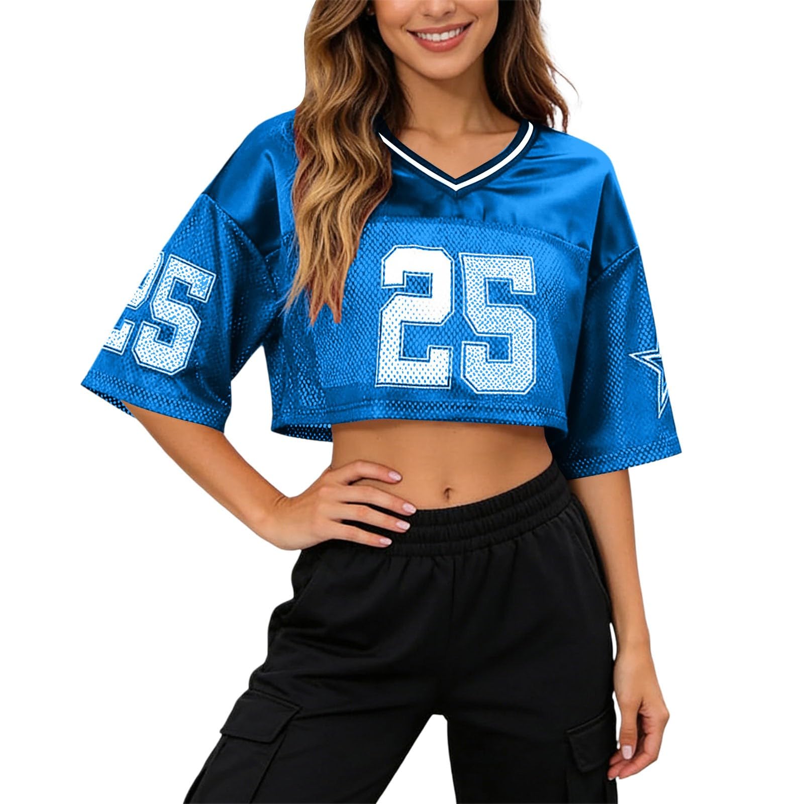Women's Football Crop Top Sporty Feminine with Jersey Number 25 and Mesh Detail - Short Cut Fan Shirt in American Football Style | Gameday Outfit for Sports Events, style_w03 blue, M