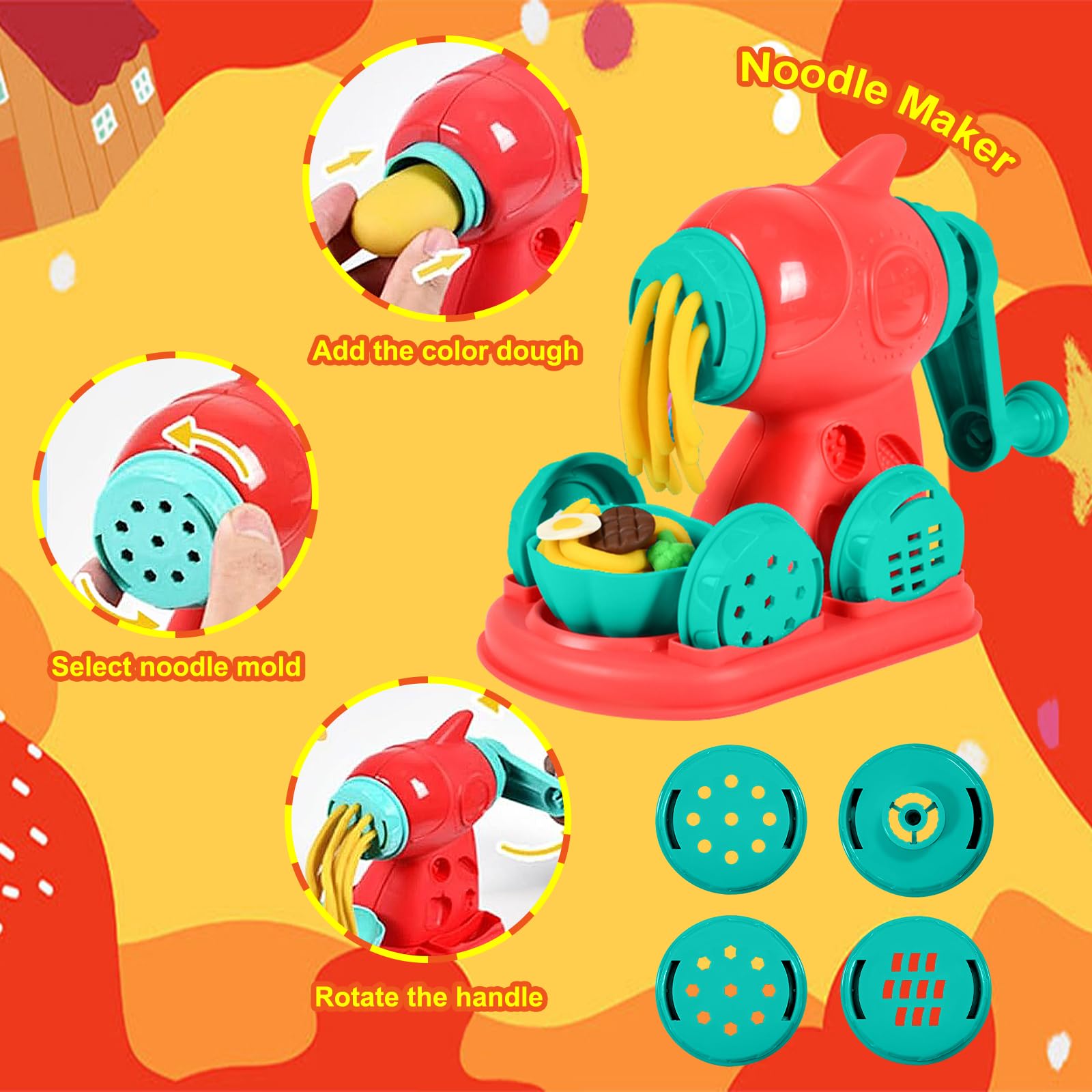 Set di Pasta modellabile Colorata 4 in 1 | Macchina per Fare Hamburger e Noodles al Gelato, kit di Utensili per Plastilina da 24 colori di Pasta