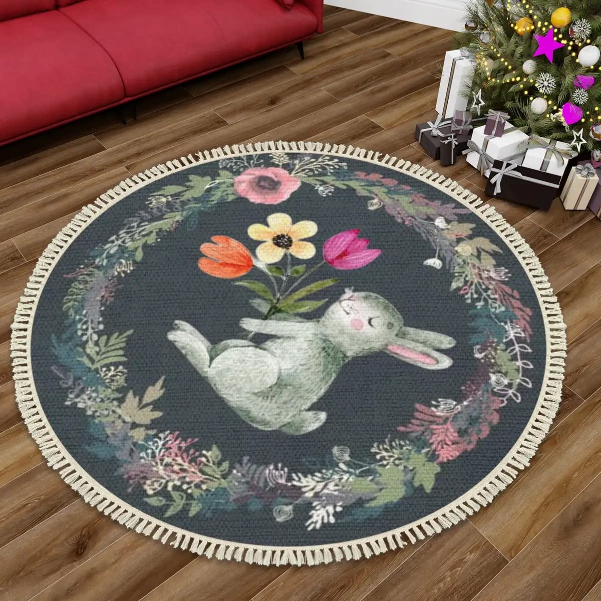 Round Boho Nursery Rug 4 ft Forest Animal Theme Cartoon Carpets Bedroom Decor Botanical Floral Rabbit Cute Area Rug Non Slip Circle Floor Mat for Boys Girls Room Playroom Classroom