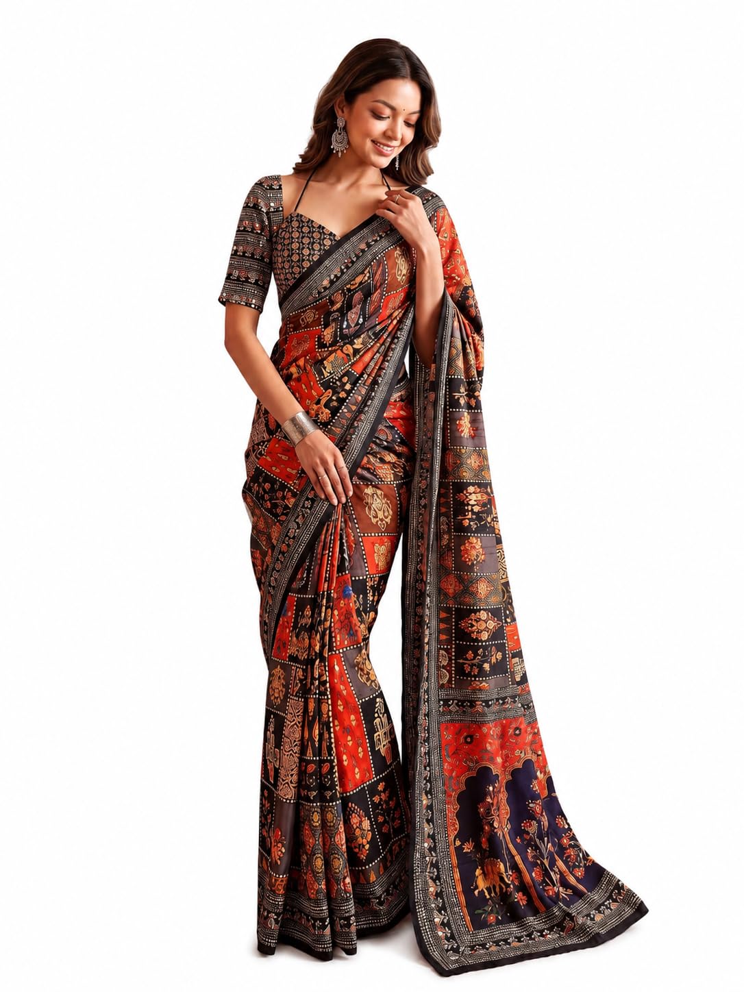 Women's Blue Rust Orange Multicolored Ajrak Digital Prined Real Mirror And Latkan Worked Saree With Blouse-image-27