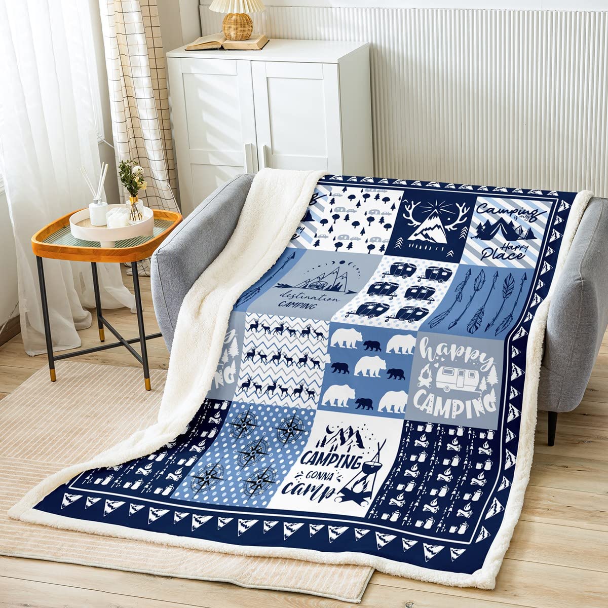 Coperta in pile per camper grande coperta da campeggio per bambini camper campeggio blu Sherpa coperta traspirante cervo orso pesca e caccia calda coperta sfocata camera regina 200 x 220 cm