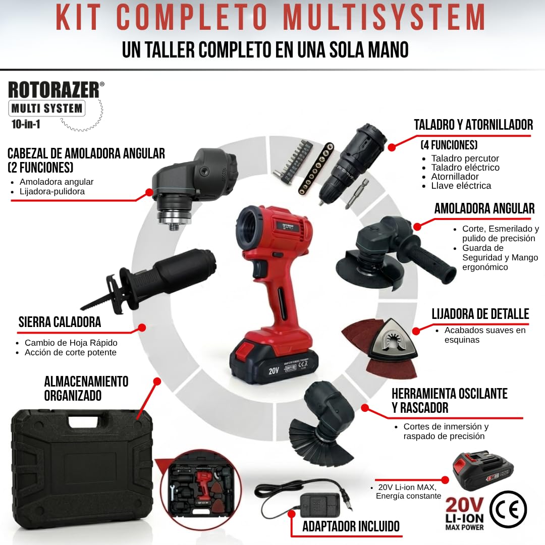 Rotorazer Multi System 10 en 1 - Multiherramienta Inalámbrica 20V: Taladro Percutor, Sierra de Calar, Amoladora, Lijadora y Oscilante | Kit Completo con Maletín y Batería 1500mAh