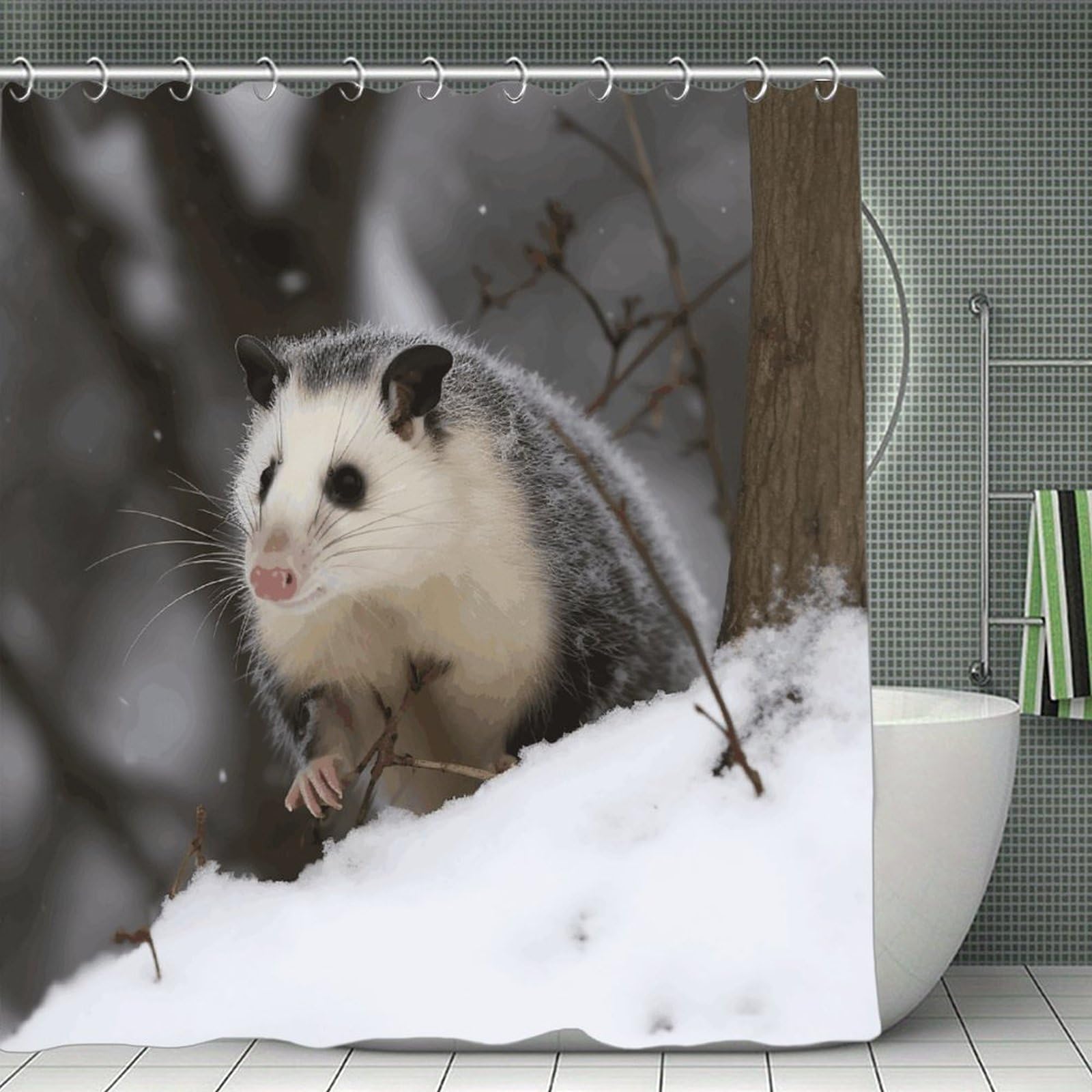 FekiLoot Opossum in Snow Shower Curtain with Hooks Modern Farmhouse Bathroom Curtain Waterproof Cloth Bath Curtains Cute Washable Blackout Privacy Curtains for Bathroom Bathtub 70.8"x70.8"