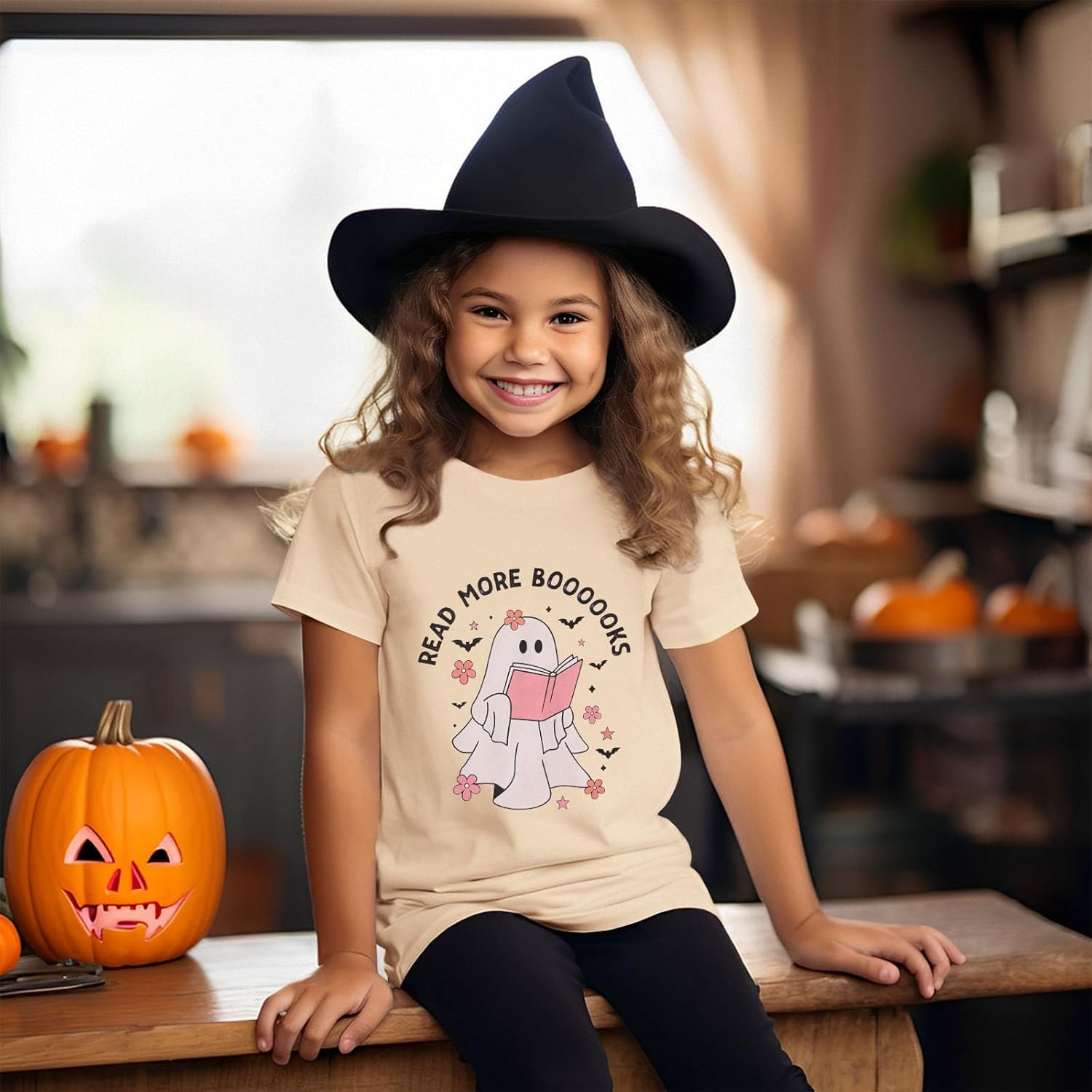 BOUTIKOME Kid Girls Halloween T-Shirt Ghost Read More Books Graphic Shirts Short Sleeve Tees Fall Tops Spooky Season Outfits - Image 2