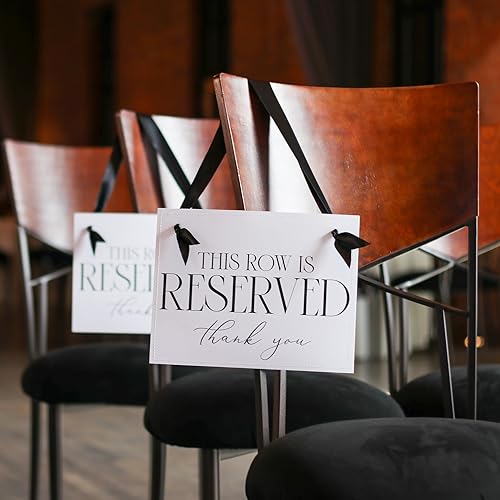 Miniatura 4 de Ritzy Rose Set of 2 Reserved Row Sign for Wedding Ceremony Chairs or Events - Thick Paper Banner for Seating - White Linen Cardstock with Black Font