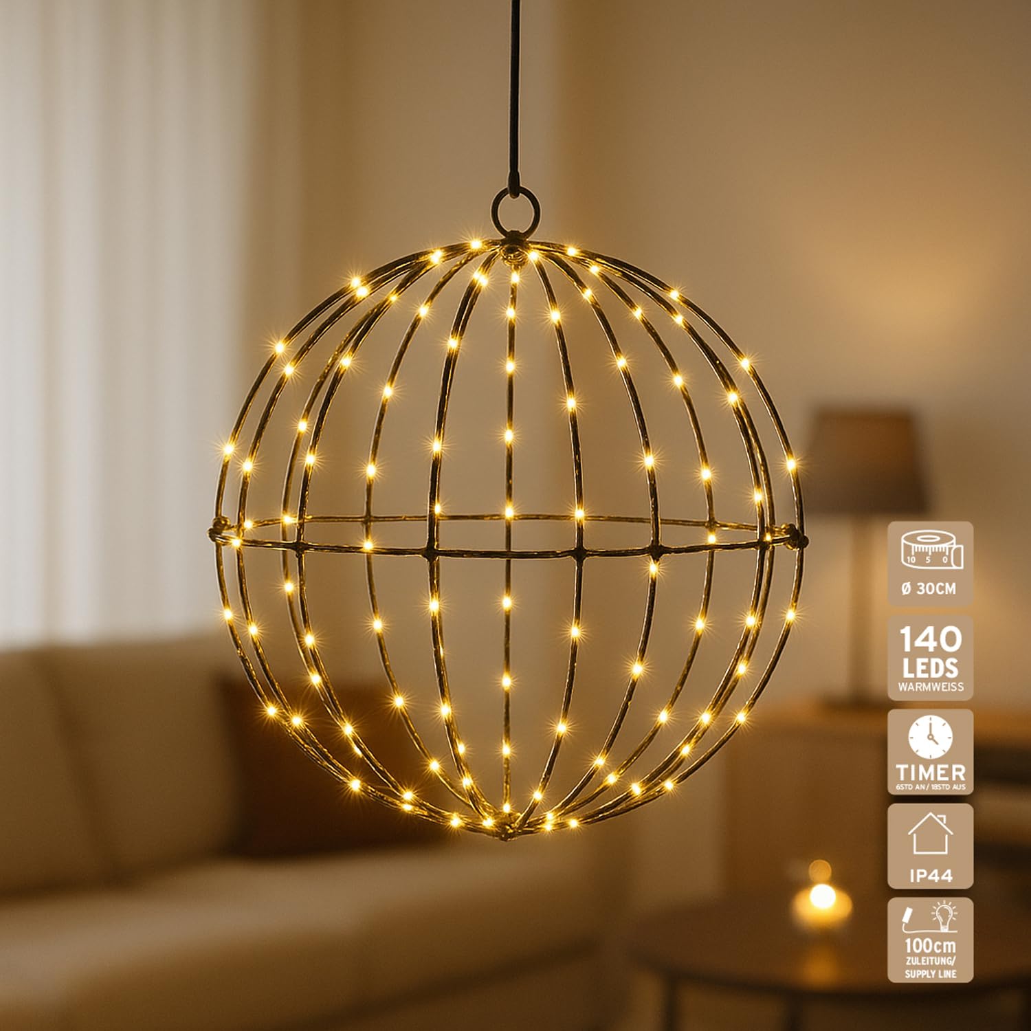 LED Leuchtkugel Metall Schwarz Ø 30 cm IP44 Timer Batteriebetrieben Dekokugel Hängen Innen Außen