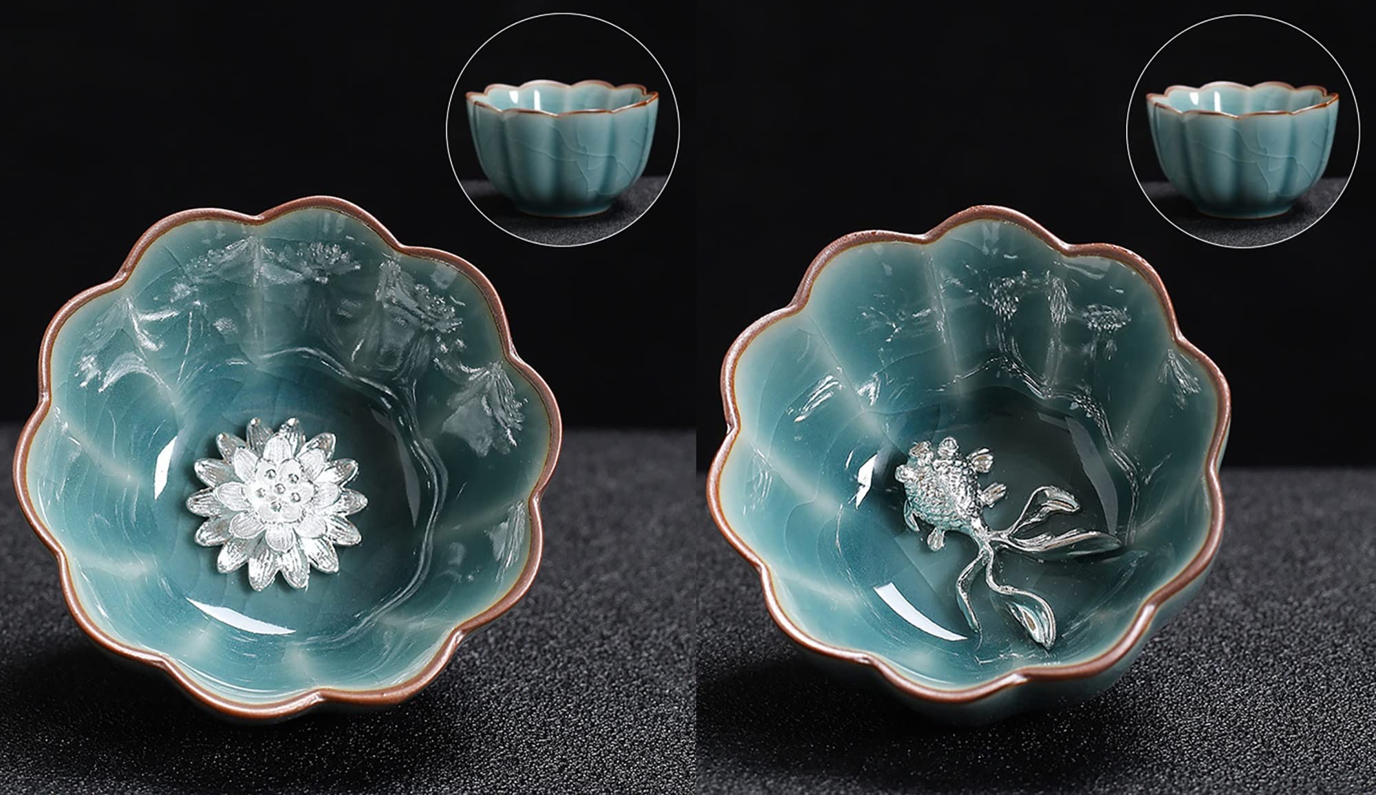 Beautiful Chinese Dragon and Phoenix Lotus&Goldfish tea cups set,3d Silver Lotus Inlaid Ceramic Tea Cup Chinese Kungfu Tea Cup (Color : Lotus and goldfish set)