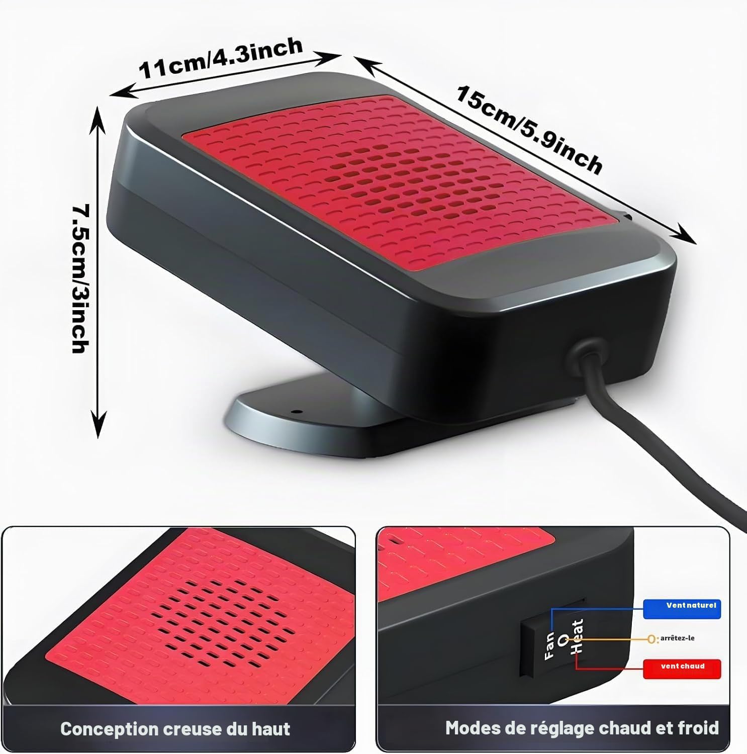 Chauffage de Voiture Portable 12V 200W - Prise Allume-Cigare - Fonction Chauffage/Refroidissement 2 en 1 - Dégivreur Rotatif à 360° - pour Voitures et SUV