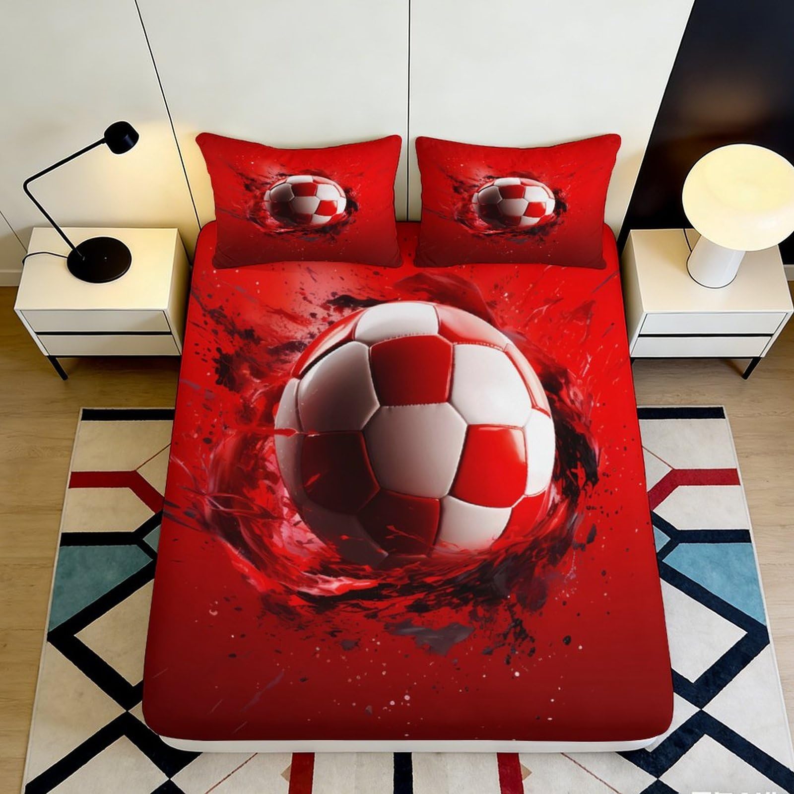 3D Printed Red Soccer Ball Fitted Sheet Microfiber Non-Slip Bed Cover for Bedroom Dorm Easy Care Protection 120x200x25cm