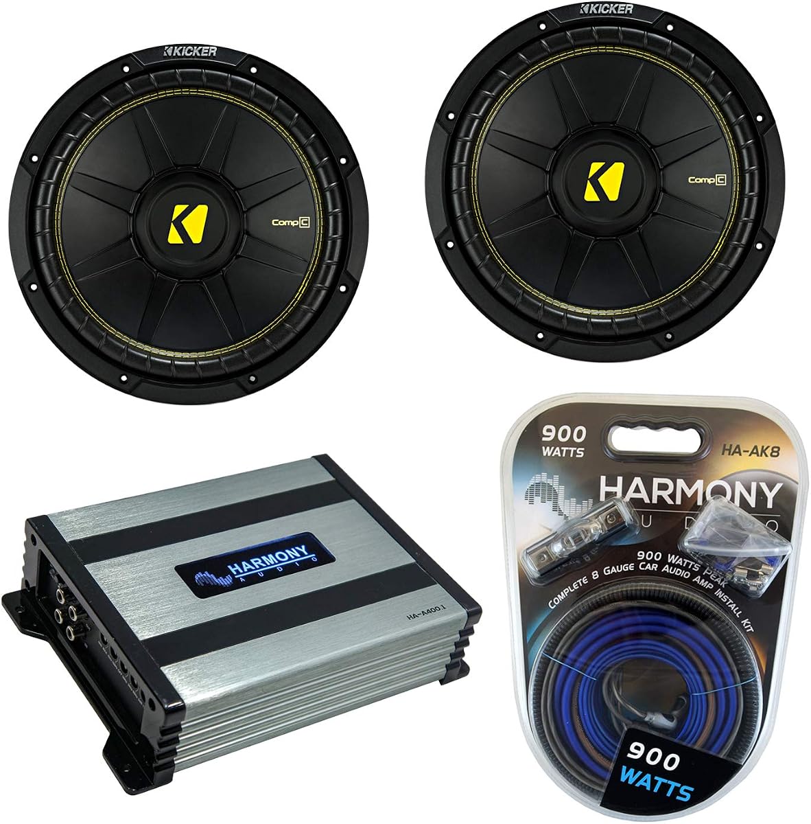 10 Inch Subwoofer and Amp Combo - 2 Kicker CompC 44CWCS104 | Sub and amplifier package, mono Class D power, wiring kit included, pair of bass drivers, easy car install