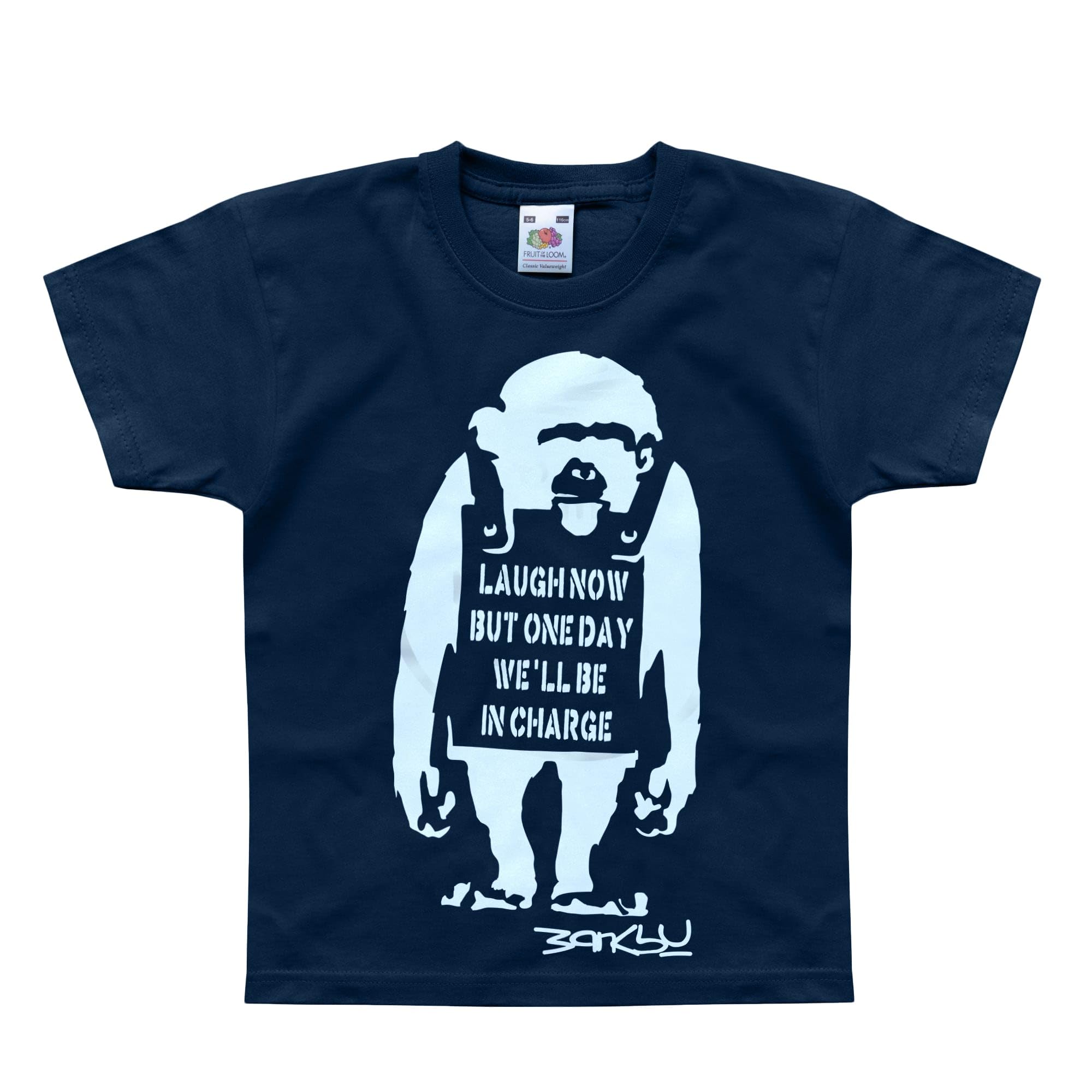 Nutees Banksy Laugh Now Monkey Art Funny Ape Kids T-Shirt (Navy), 2 Years