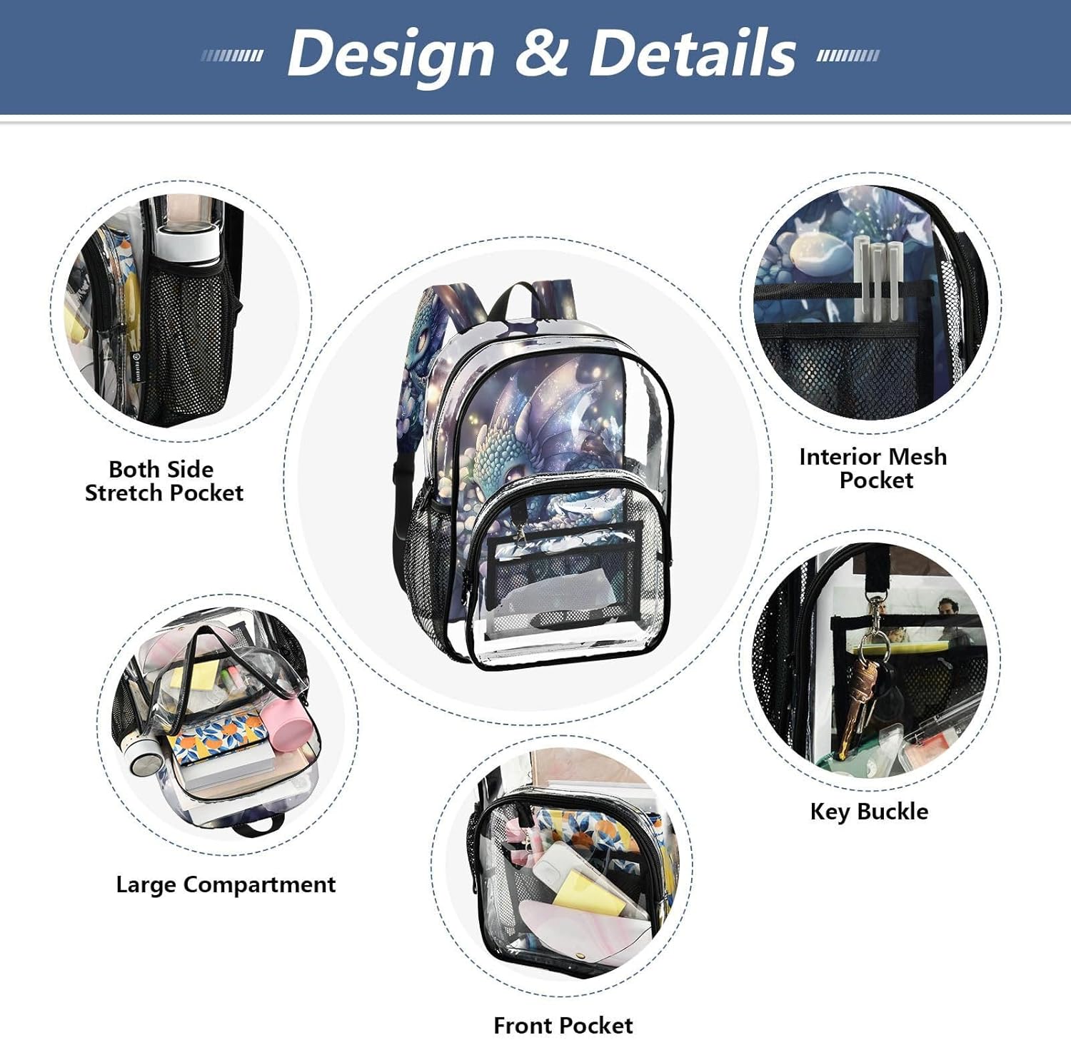 Dragon Cute Clear Backpack Heavy Duty See Through Transparent PVC BookBag for Kids Boy Girl School Work