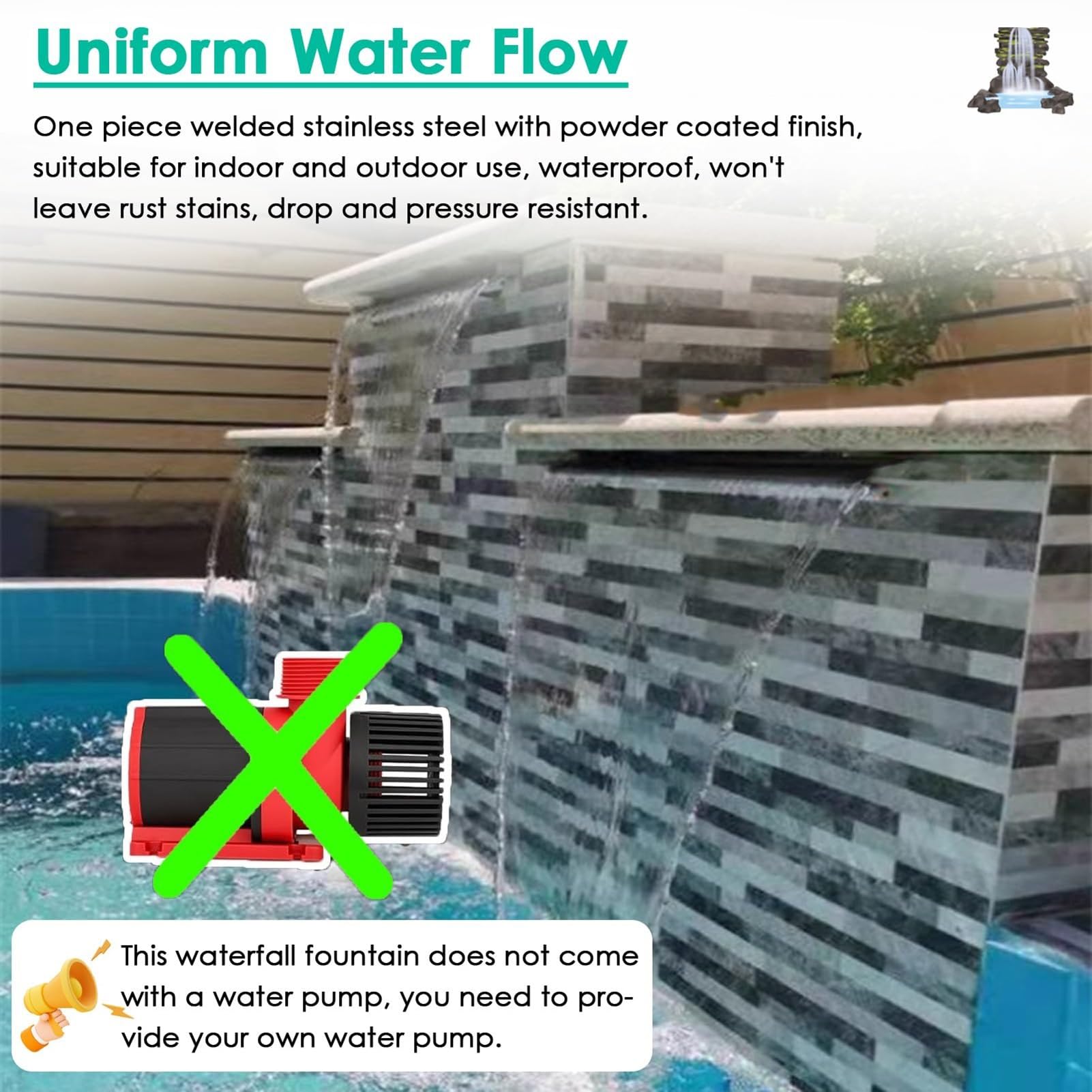 Wasserfontänen-Kit, Moderne Wasserfallfunktion aus Edelstahl für Garten-, Außen- und Schwimmbäder, wandeingebettetes Überlaufdesign (7.8 inches)