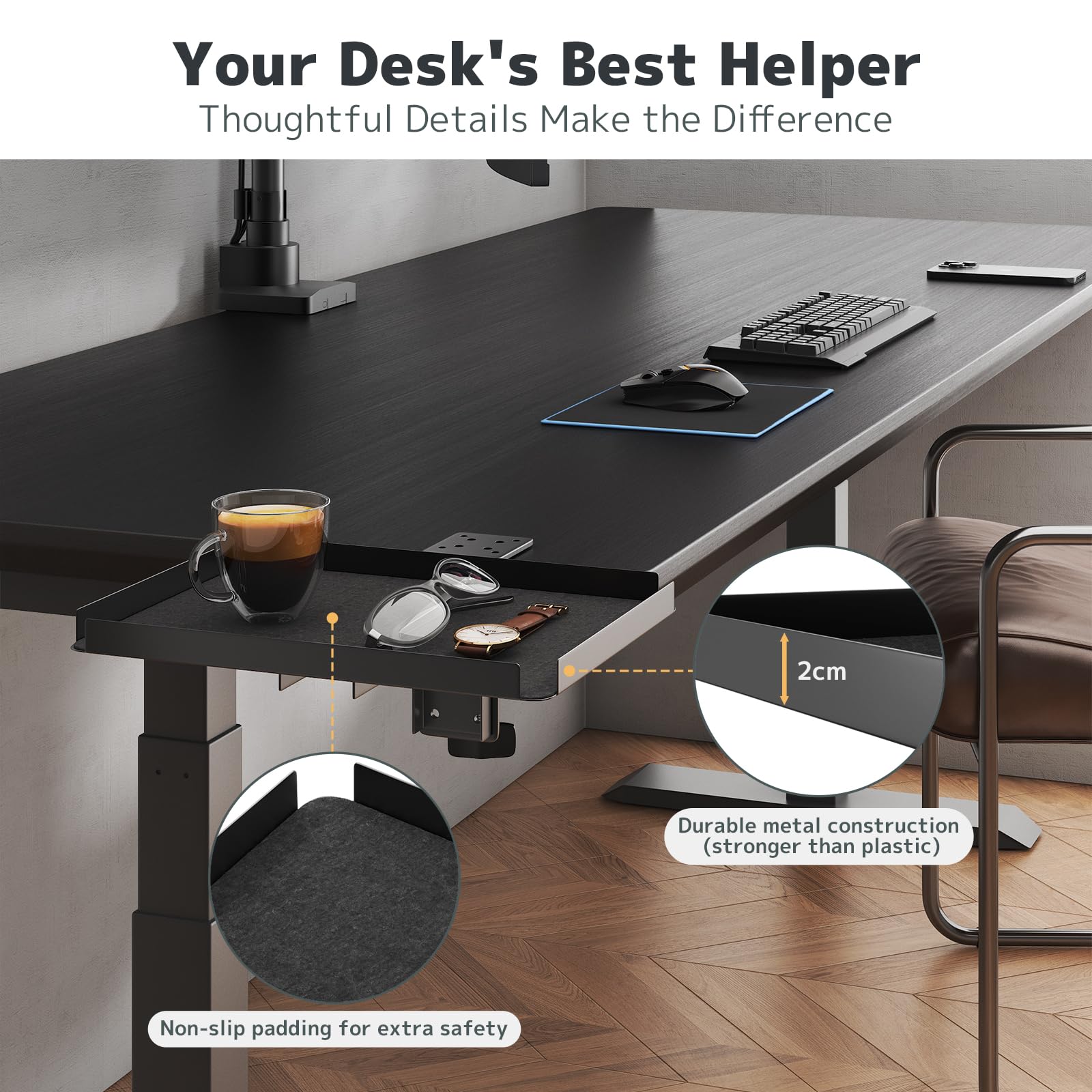 Bandeja de Escritorio con Pinza | Ajustable hasta 60mm | Capacidad 15kg | Organizador Oficina y Teletrabajo | Negro (30,4x22,7cm)