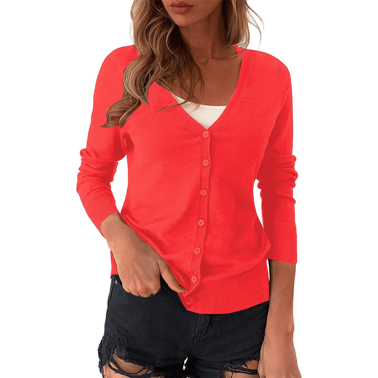 Generisch Cardigans para mujer elegante e informal bolero para tops vestido cárdigan de verano manga larga suéter de punto estrecho transpirable con botones chaqueta camisa con cuello en V ligero
