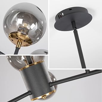 6-Lights Glass Globe Sputnik Chandelier Mid-Century Modern Matte Black and Amber Glass Shade Pendant Lamp for Kitchen Island Dining Room Living Room