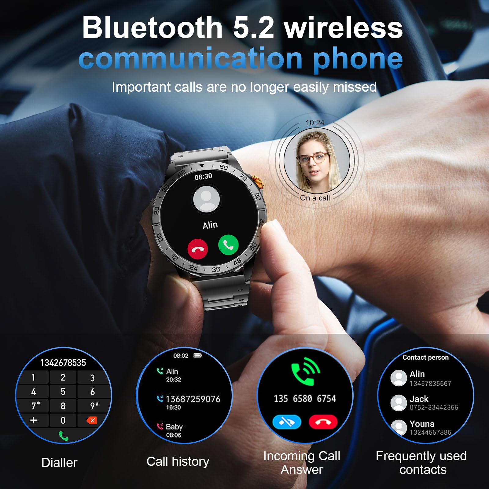 Loekneue New Smartwatch Herren mit Telefonfunktion,1,43" AMOLED Display 100+ Sportmode Armbanduhr mit IP68 Wasserdichter/Schrittzähler/SpO2 Schlafmonitor/Fitnessuhr für iOS Android (schwarzer Stahl)