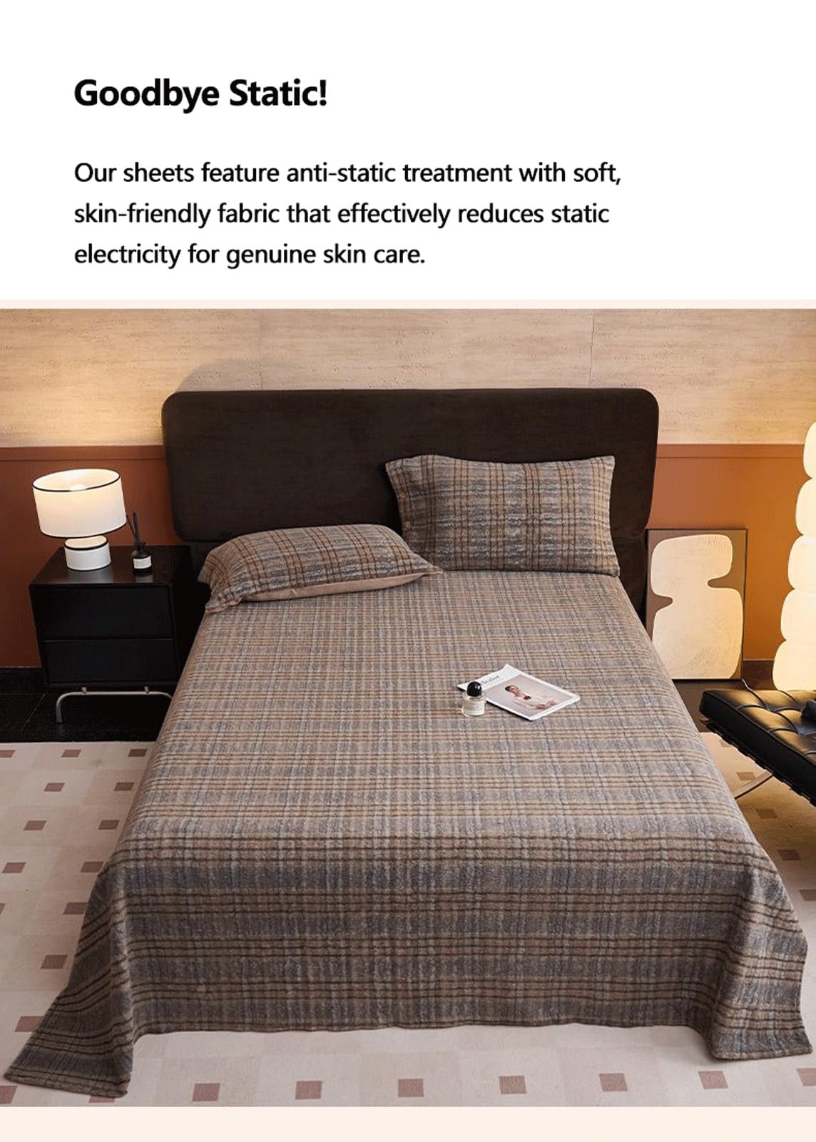 Winter Bettlaken ohne Gummizug 180x230 230x250 kuscheliges Mikrofleece-Plüsch Flanell Betttuch Cashmere Touch Weiche Laken for Winter und Frühling(Grid F,230x250cm+48x74cm x2)
