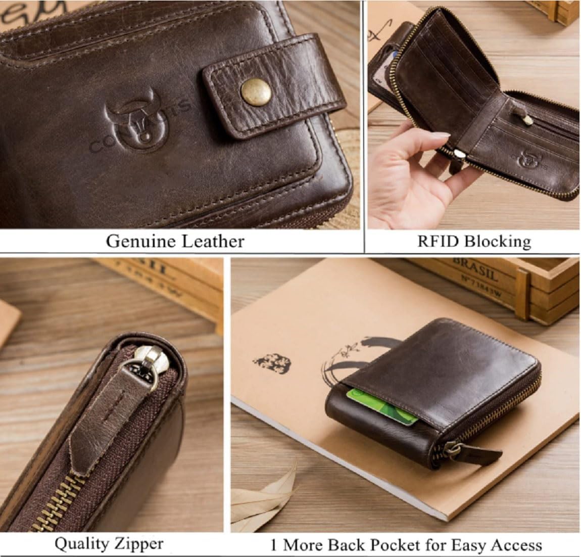 Contacts Men's Genuine Leather Wallet | RFID Blocking Wallet for Men | Slim & Minimalist Bifold Wallet | 8 Card Slots, 1 ID Window, Brown, 12 cm x 2.5 cm x 9.2 cm, RFID