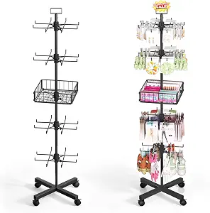 5-Tier Rotating Retail Display Stand with Metal Basket and Wheels