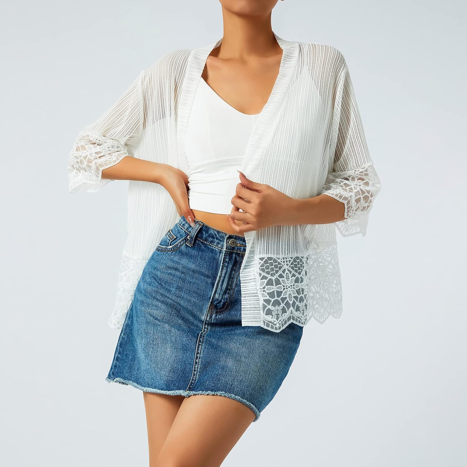 Women's Short Cardigan Sheer Mesh Bolero Shrug 3/4 Sleeve Crop Tops Lace Jacket Beach Cover up for Dress - Image 4