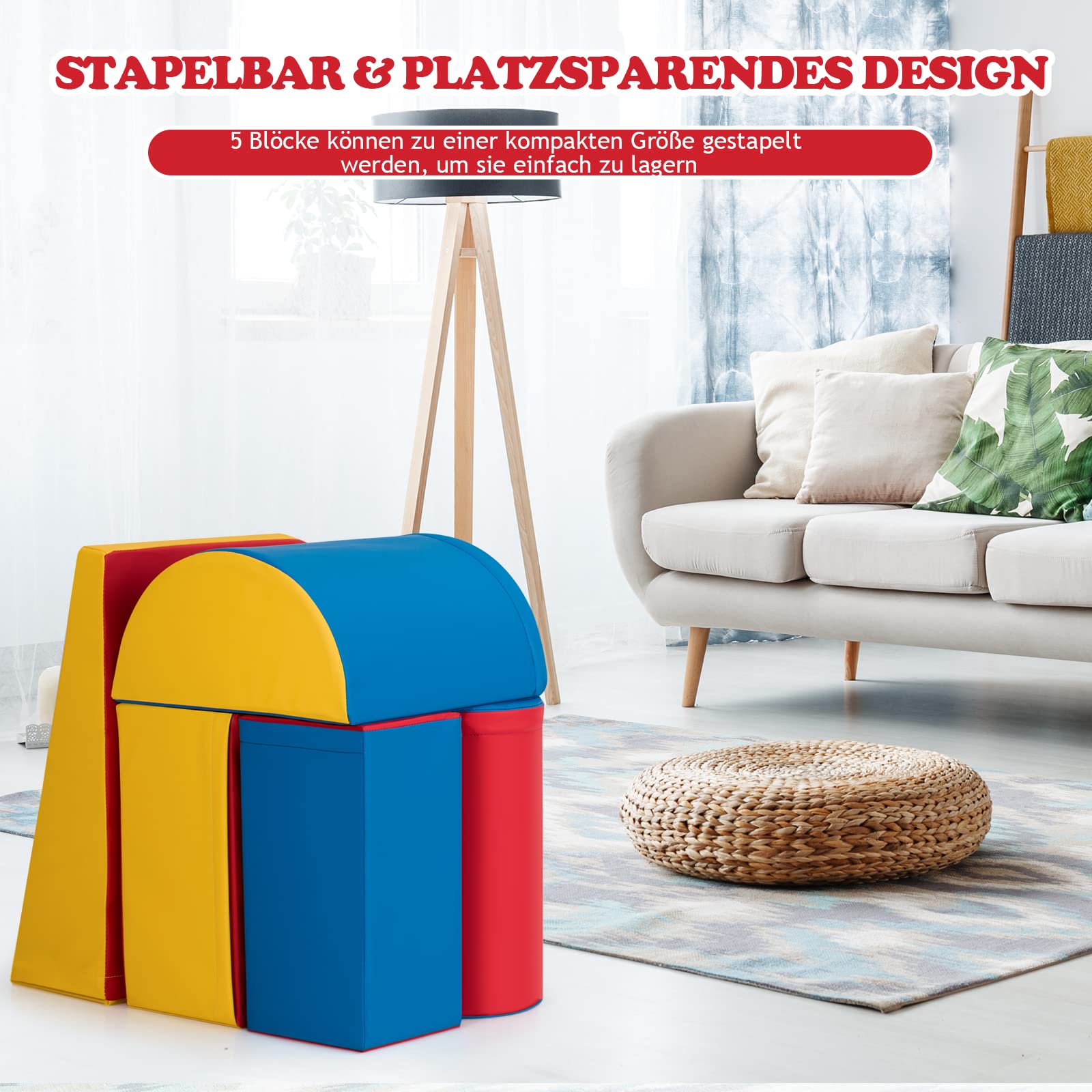 DREAMADE 5 TLG. Softbausteine für Kinder, Großbausteine Riesenbausteine zum Toben und Klettern, Schaumstoffbausteine für Kindergarten Kinderzimmer, Bauklötze aus PE und EPE (Rot+Blau)