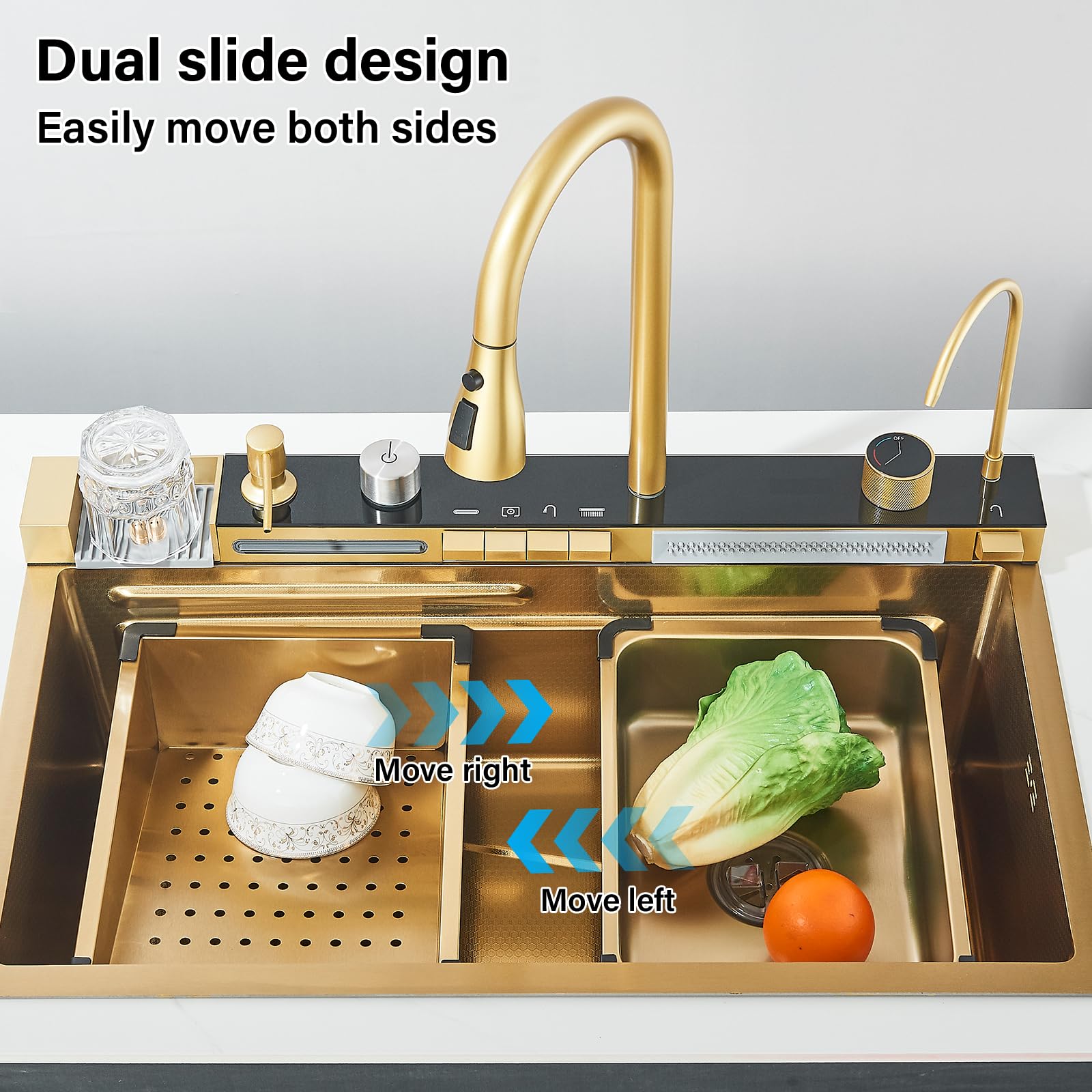 Fregadero de Cocina Multifuncional de Oro Cepillado con Grifo Extraible y Accesorios, Fregadero de Cocina de Acero Inoxidable con Pantalla Digital (75 cm X 45 cm)