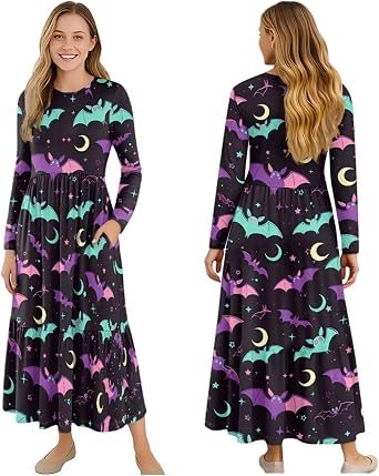 Women Dress Casual, Crewneck Midi Dress for Women Long Sleeve Polyester Hemline Empire Waist Dress with Pockets