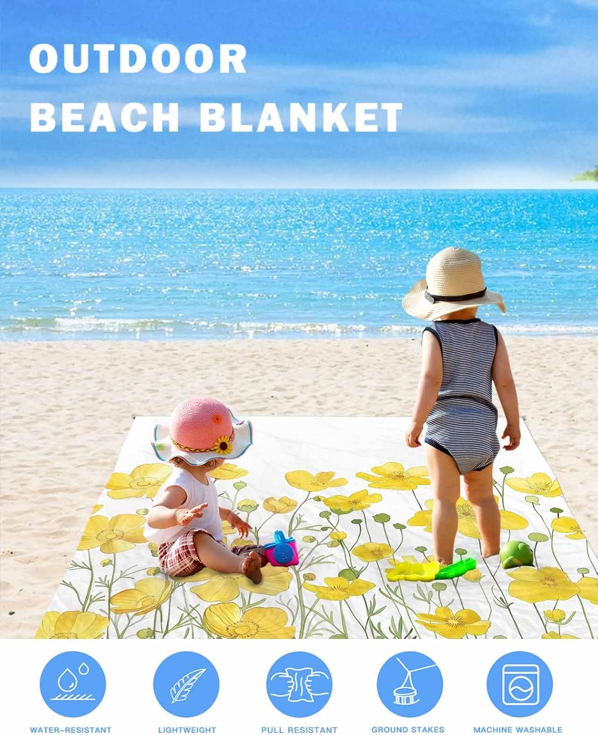 Watercolor Yellow Blossom Flower Beach Blanket Waterproof Sandproof Outdoor Picnic Mat 83"x79" Garden Floral Plant on White Lightweight Large Beach Blankets with 4 Stake & 4 Corner Pockets