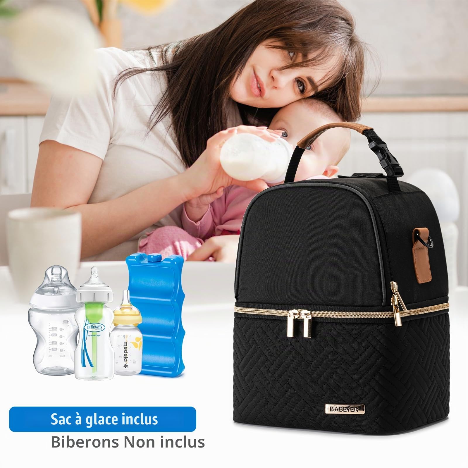 Sac isotherme pour lait maternel avec bloc réfrigérant pour 6 biberons jusqu'à 270 ml, sac isotherme avec bandoulière pour les mamans allaitantes, crèche, travail, voyage