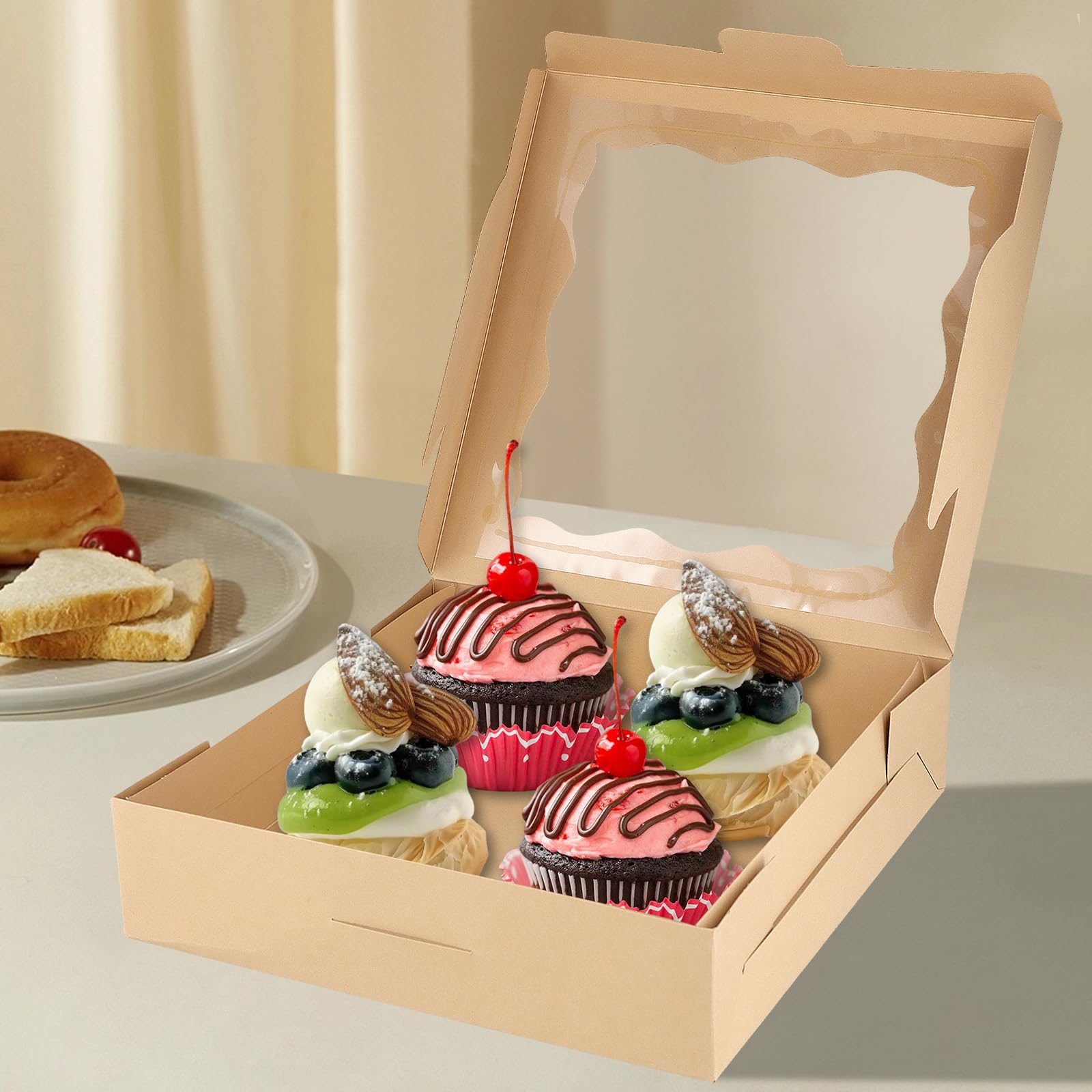 Paquete de 50 cajas cuadradas de papel kraft para panadería de 10 x 10 x 2.5 pulgadas con ventana transparente, cajas grandes para tartas, cajas planas marrones para pasteles