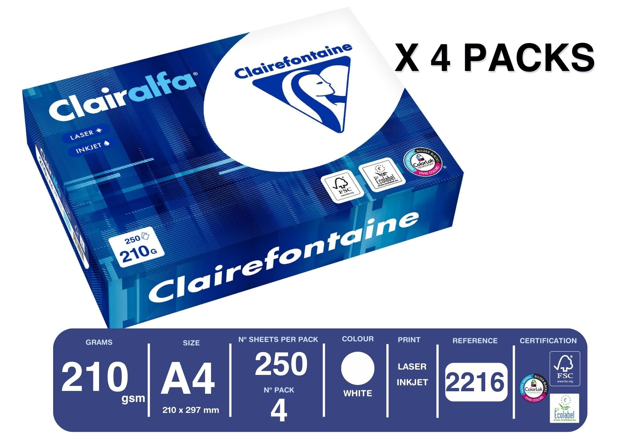 Clairefontaine Clairalfa 2216C 1000 fogli di carta bianca formato A4, 210 g al m2, confezione con 4 risme da 250 fogli, colore: bianco (171 CIE)