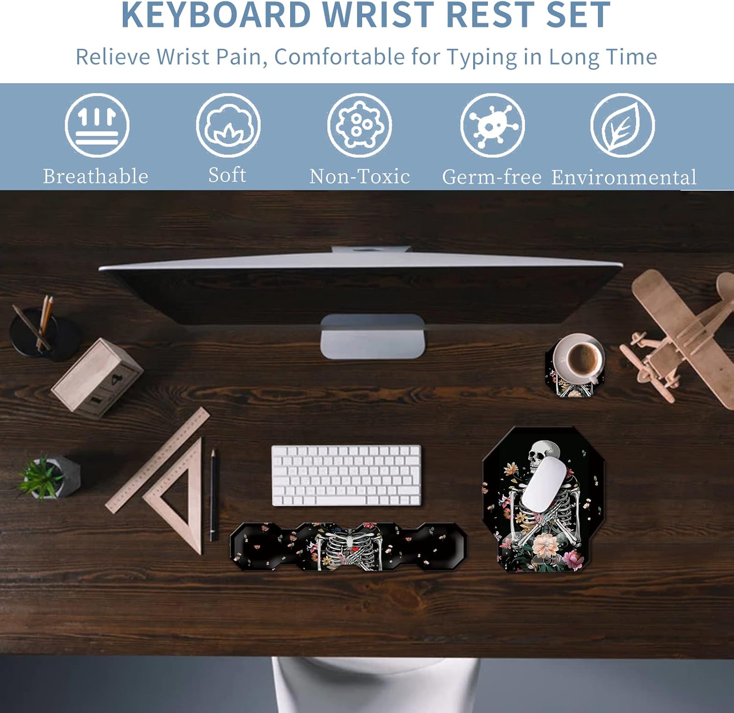 Keyboard Wrist Rest & Ergonomic Mouse Wrist Rest Pad Set, Octagon Mouse Pad Made of Memory Foam with Non Slip Rubber Base Easy Typing Relieve Wrist Pain for Computer Office - Floral Skull